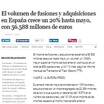 El volumen de fusiones y adquisiciones en Espaa crece un 20% hasta mayo, con 56.588 millones de euros